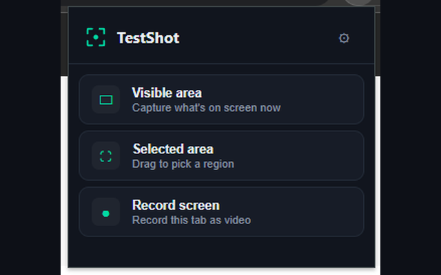 TestShot's toolbar popup showing Visible area, Selected area, and Record screen options