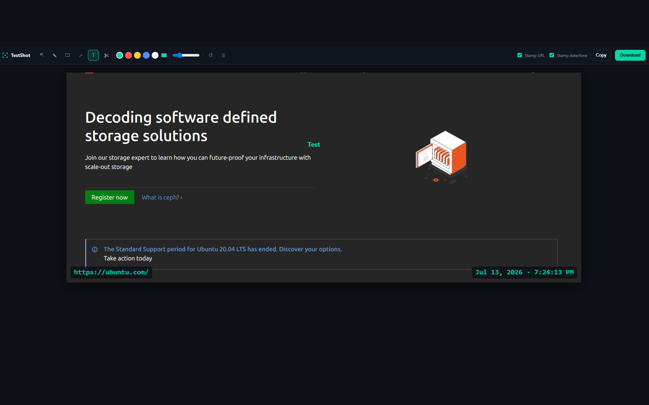 A screenshot annotated with a text label, URL stamp, and date/time stamp in TestShot's editor